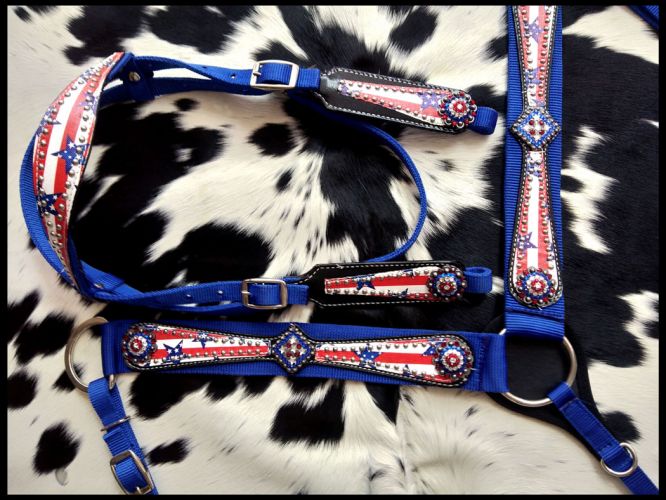 Showman Horse size nylon headstall and breast collar set with stars and stripes print overlay #4